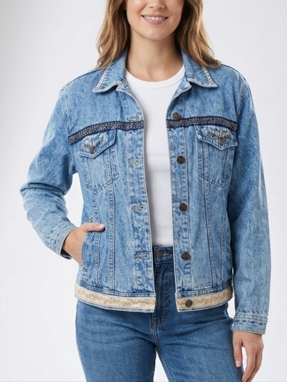 Vintage Denver Hayes Embroidered Floral Denim Jacket